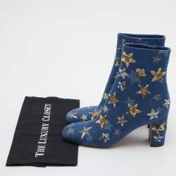 Pre Owned Valentino Blue Denim Sequin and Embroidered Stars Ankle Boots Size 39.5