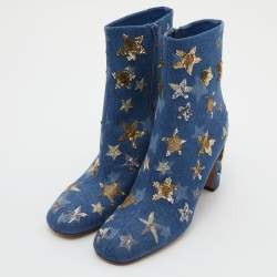 Pre Owned Valentino Blue Denim Sequin and Embroidered Stars Ankle Boots Size 39.5