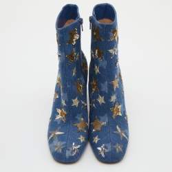 Pre Owned Valentino Blue Denim Sequin and Embroidered Stars Ankle Boots Size 39.5