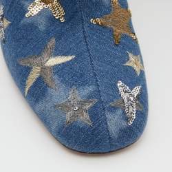 Pre Owned Valentino Blue Denim Sequin and Embroidered Stars Ankle Boots Size 39.5