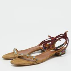 Pre Owned Valentino Brown Suede Rockstud Rolling Ankle Tie Flats Size 38.5