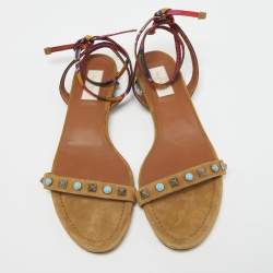 Pre Owned Valentino Brown Suede Rockstud Rolling Ankle Tie Flats Size 38.5