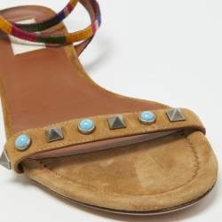 Pre Owned Valentino Brown Suede Rockstud Rolling Ankle Tie Flats Size 38.5