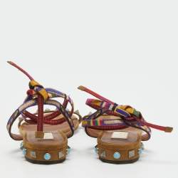 Pre Owned Valentino Brown Suede Rockstud Rolling Ankle Tie Flats Size 38.5