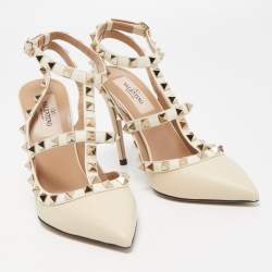 مملوكة مسبقًا Valentino Cream Leather Rockstud Ankle Strap Pumps Size 36.5