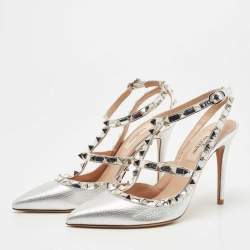 Pre Owned Valentino Silver Leather Rockstud Ankle Strap Pumps Size 36.5