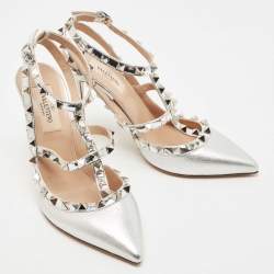 Pre Owned Valentino Silver Leather Rockstud Ankle Strap Pumps Size 36.5
