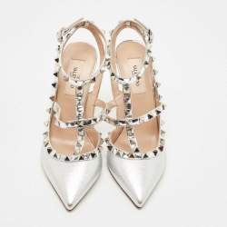Pre Owned Valentino Silver Leather Rockstud Ankle Strap Pumps Size 36.5