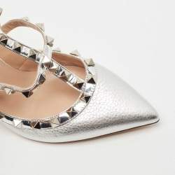 Pre Owned Valentino Silver Leather Rockstud Ankle Strap Pumps Size 36.5