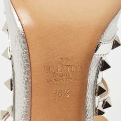 Pre Owned Valentino Silver Leather Rockstud Ankle Strap Pumps Size 36.5