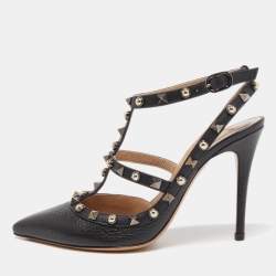 Pre Owned Valentino Black Leather Rockstud Strappy Pointed Toe Pumps Size 36.5