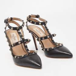 Pre Owned Valentino Black Leather Rockstud Strappy Pointed Toe Pumps Size 36.5