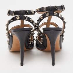 Pre Owned Valentino Black Leather Rockstud Strappy Pointed Toe Pumps Size 36.5