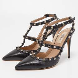 Pre Owned Valentino Black Leather Rockstud Strappy Pointed Toe Pumps Size 36.5
