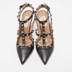 Pre Owned Valentino Black Leather Rockstud Strappy Pointed Toe Pumps Size 36.5