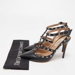 Pre Owned Valentino Black Leather Rockstud Strappy Pointed Toe Pumps Size 36.5