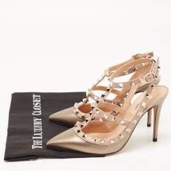 Valentino Metallic/Dusty Pink Leather Rockstud Ankle Strap Pumps Size 36.5