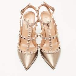 Valentino Metallic/Dusty Pink Leather Rockstud Ankle Strap Pumps Size 36.5