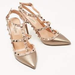 Valentino Metallic/Dusty Pink Leather Rockstud Ankle Strap Pumps Size 36.5