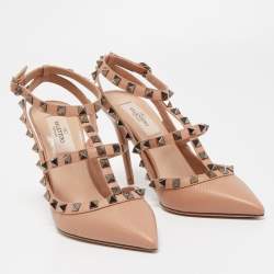 Pre Owned Valentino Beige Leather Rockstud Ankle Strap Pumps Size 36.5
