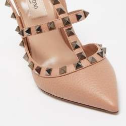 Pre Owned Valentino Beige Leather Rockstud Ankle Strap Pumps Size 36.5