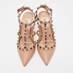 Pre Owned Valentino Beige Leather Rockstud Ankle Strap Pumps Size 36.5