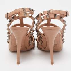 Pre Owned Valentino Beige Leather Rockstud Ankle Strap Pumps Size 36.5