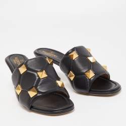 Pre Owned Valentino Black Leather Roman Stud Slide Sandals Size 39.5