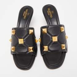 Pre Owned Valentino Black Leather Roman Stud Slide Sandals Size 39.5