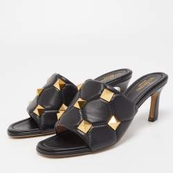 Pre Owned Valentino Black Leather Roman Stud Slide Sandals Size 39.5