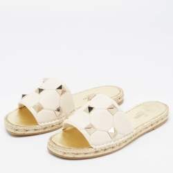 Pre Owned Valentino White Leather Roman Stud Raffia Flat Slides Size 40