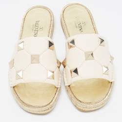 Pre Owned Valentino White Leather Roman Stud Raffia Flat Slides Size 40