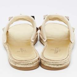 Pre Owned Valentino White Leather Roman Stud Raffia Flat Slides Size 40