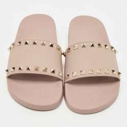 Pre Owned Valentino Green Rubber Rockstud Flat Slides Size 40