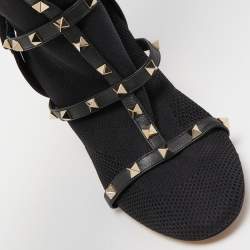 Pre Owned Valentino Black Knit Fabric and Leather Rockstud Over The Knee Booties Size 39