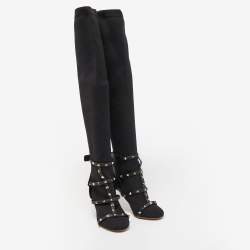 Pre Owned Valentino Black Knit Fabric and Leather Rockstud Over The Knee Booties Size 39