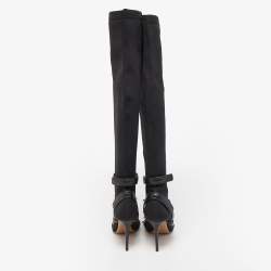 Pre Owned Valentino Black Knit Fabric and Leather Rockstud Over The Knee Booties Size 39