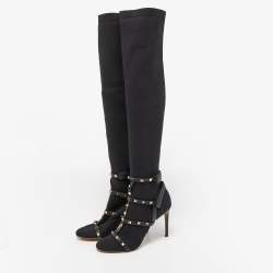Pre Owned Valentino Black Knit Fabric and Leather Rockstud Over The Knee Booties Size 39
