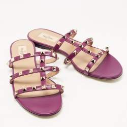 Pre Owned Valentino Purple Leather Rockstud Flat Slides Size 40