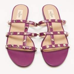 Pre Owned Valentino Purple Leather Rockstud Flat Slides Size 40
