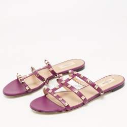 Pre Owned Valentino Purple Leather Rockstud Flat Slides Size 40