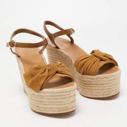 Pre Owned Valentino Brown Suede and Leather Wedge Bow Espadrille Sandals Size 38