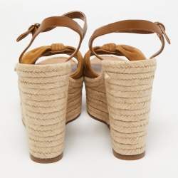 Pre Owned Valentino Brown Suede and Leather Wedge Bow Espadrille Sandals Size 38