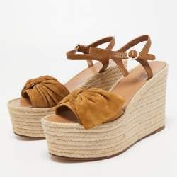 Pre Owned Valentino Brown Suede and Leather Wedge Bow Espadrille Sandals Size 38