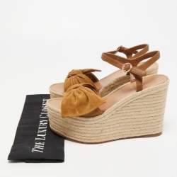Pre Owned Valentino Brown Suede and Leather Wedge Bow Espadrille Sandals Size 38