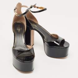 Pre Owned Valentino Black Patent Leather Platform Ankle Strap Sandals Size 38