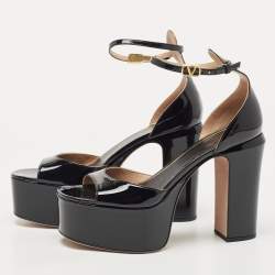 Pre Owned Valentino Black Patent Leather Platform Ankle Strap Sandals Size 38