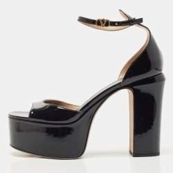Pre Owned Valentino Black Patent Leather Platform Ankle Strap Sandals Size 38