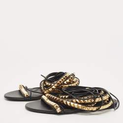 Pre Owned Valentino Black Leather Rockstud Ankle Strap Flat Sandals  Size 38.5