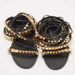 Pre Owned Valentino Black Leather Rockstud Ankle Strap Flat Sandals  Size 38.5